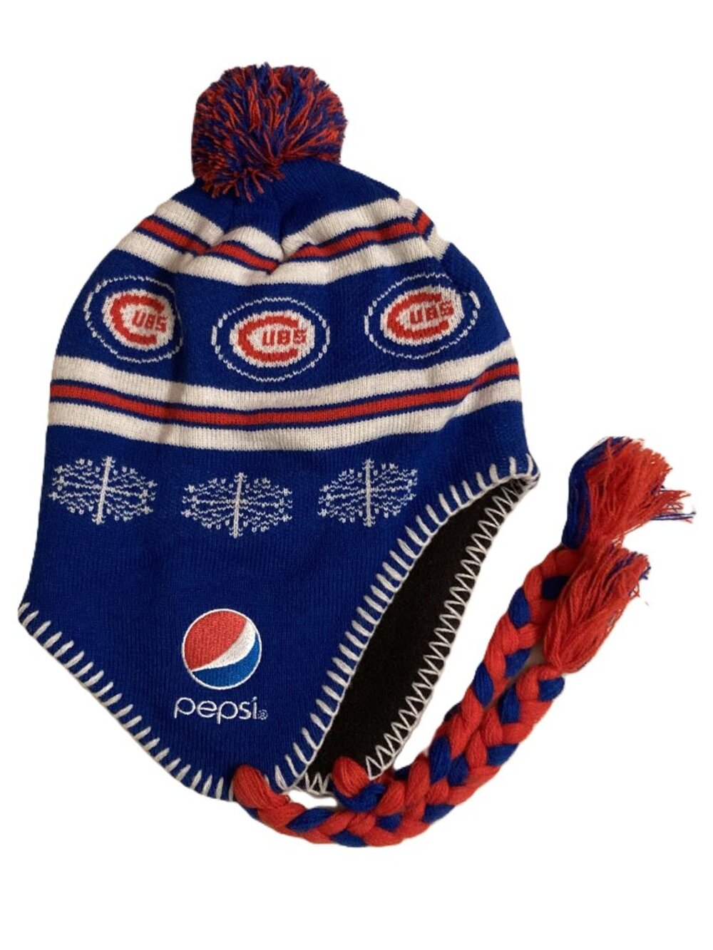 Chicago Cubs Pepsi Unisex Winter Knit Hat with Pompom, Braided Ties, Ear Flaps